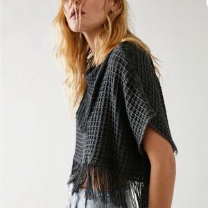 Fringed Knit Poncho in Dark Gray